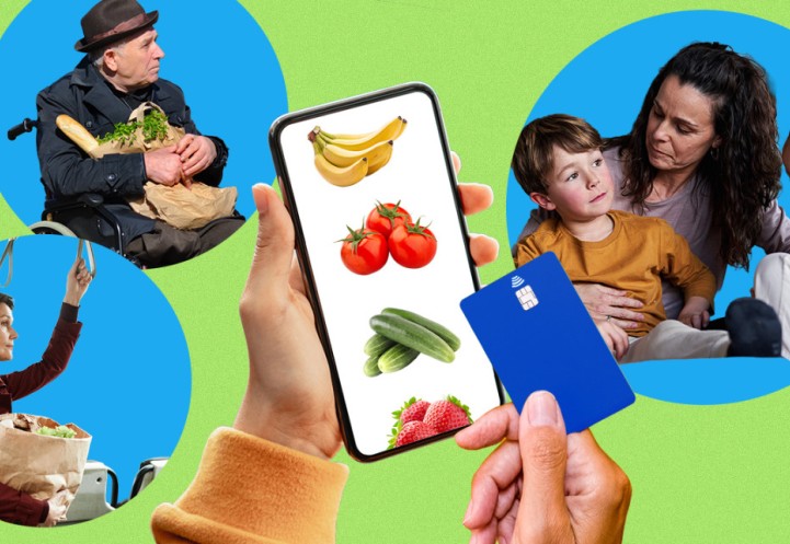 Illustration of different people purchasing produce on a mobile phone