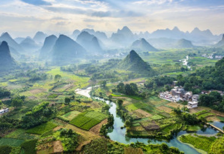Birds eye view of a farming town in China