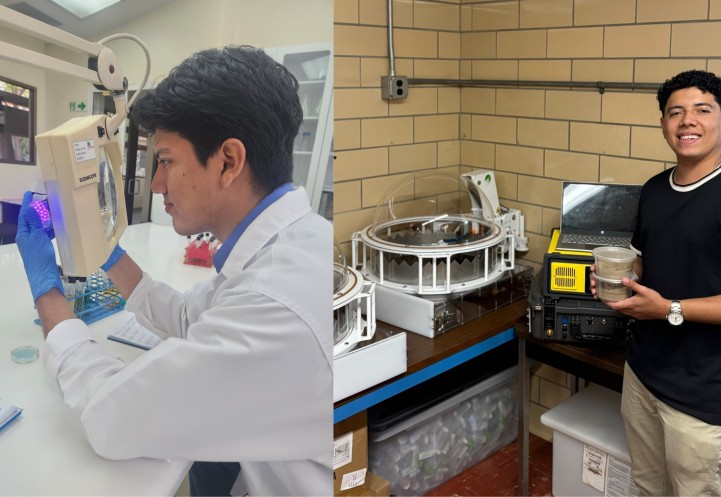 On the left, a man looks into a mechanical device to examine a sample under UV light. On the right, a different man stands smiling, holding a small container of soil next to laboratory equipment.