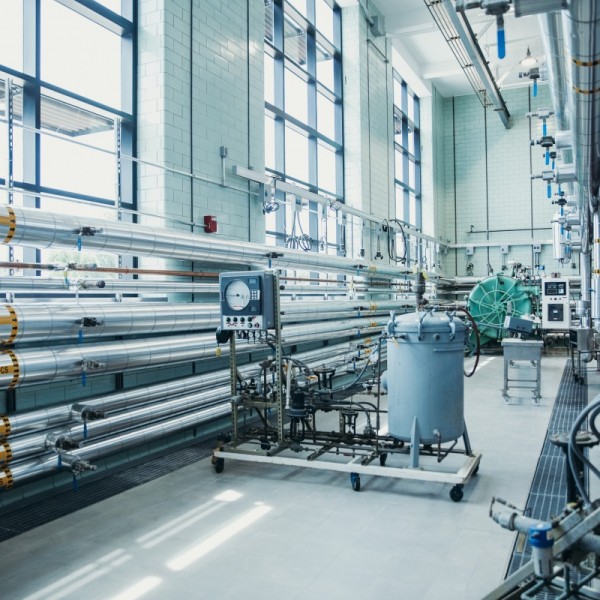 big windows and pipes run along the wall