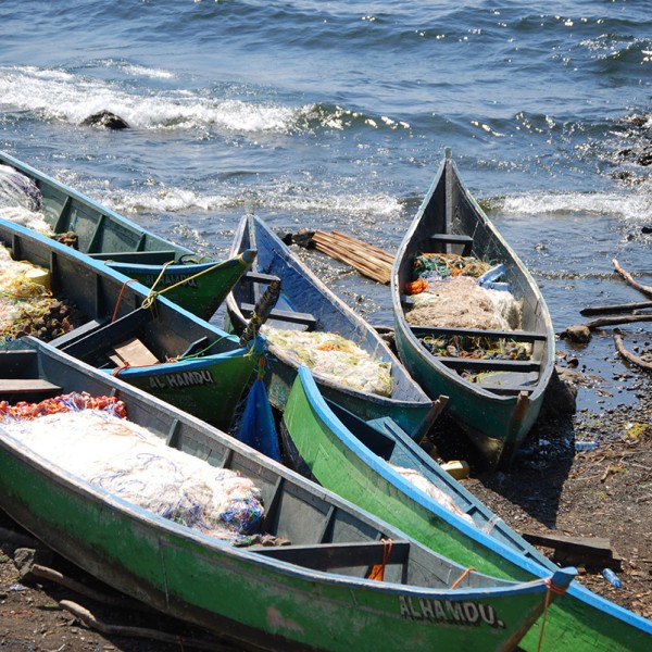 Canoes on shore filled with fishing nets