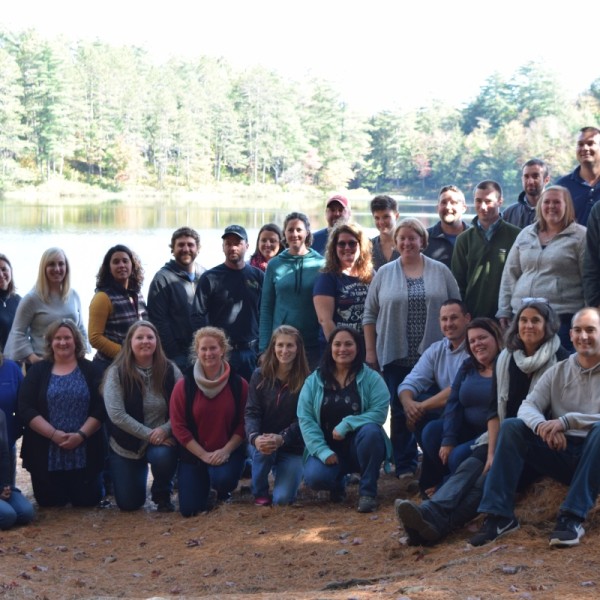 A class poses during a field trip to the Adirondacks