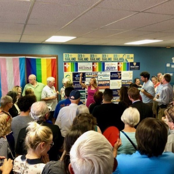 Stansbury addresses a room full of constituents