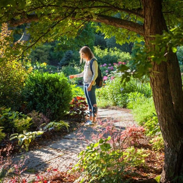 student stands in the garden reaching out to a plant