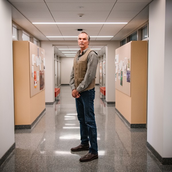 A tall Caucasian male standing in the middle of an empty, academic hallway