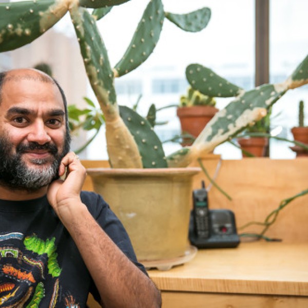 A man sits next to plants on a desk
