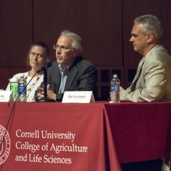 One woman and two men speak at a lecture