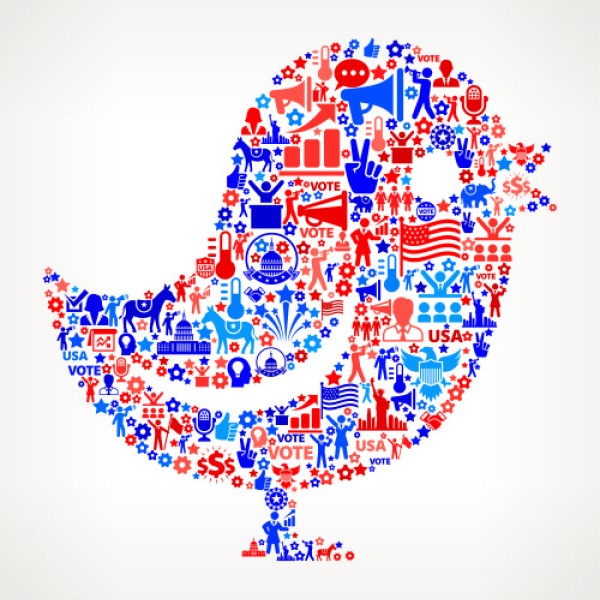 A graphic of a the Twitter logo, a bird, made up of smaller graphics related to the 2016 election.