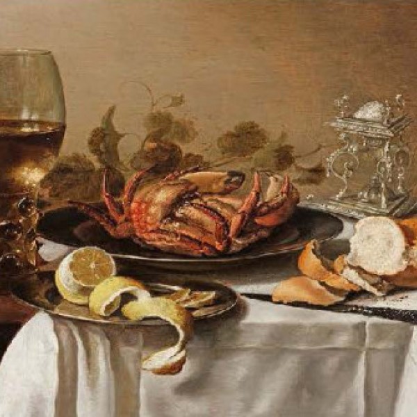 A painting of a glass of wine, peeled lemon, crab and bread on a table
