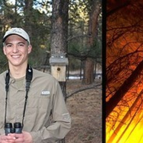 A two-photo collage; the photo on the left is of a man wearing a hat and with binoculars around his neck standing in the forest and the second photo is of a forest on fire