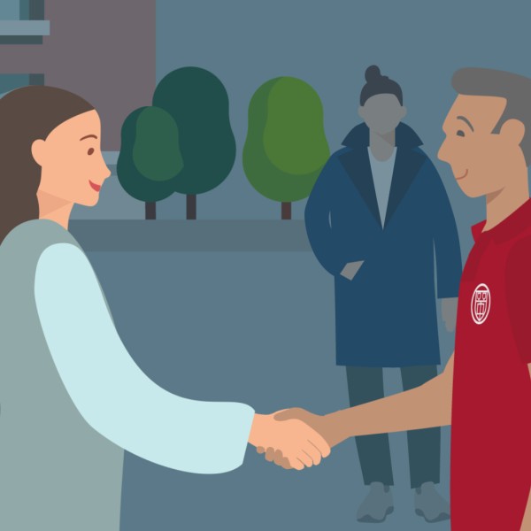 An animated man and woman shaking hands 