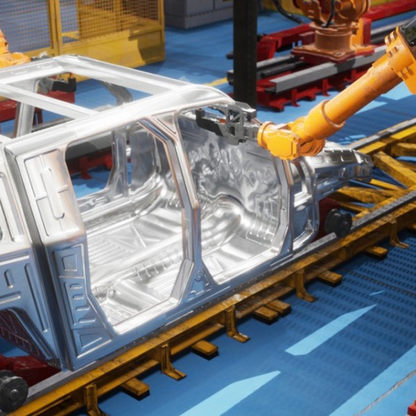 A robot welding together a car