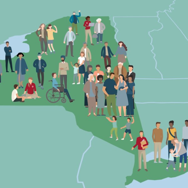 An illustration of New York state with people on it