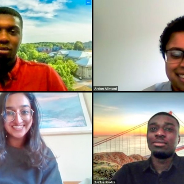 Four people on a video conference call