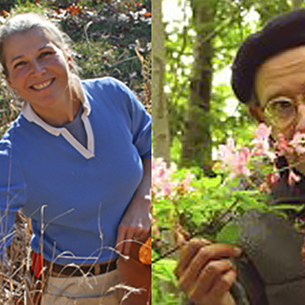 split image of two people with flowers and plants