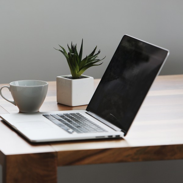 Desk with laptop, plant and coffee cup