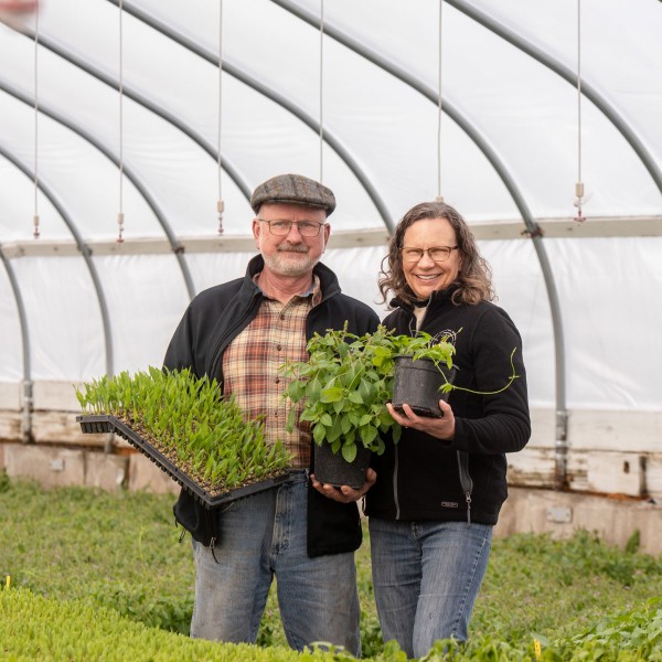 Two farmers holding produce in a greenhouse