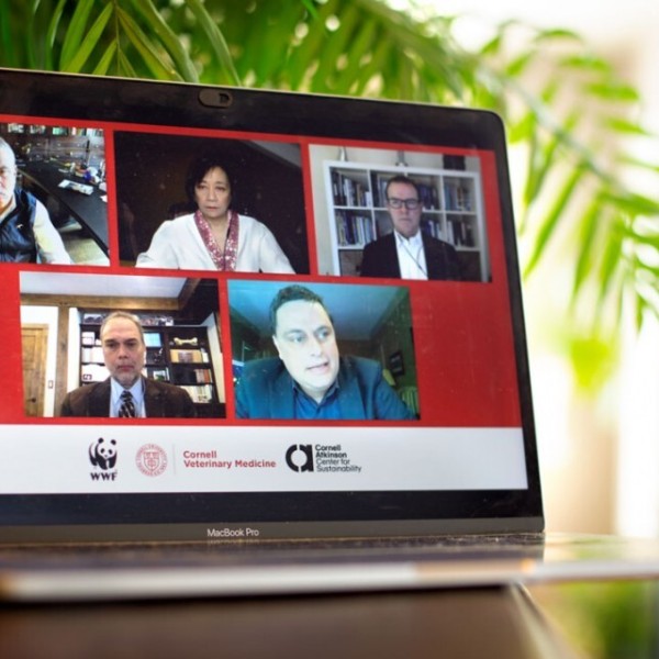 a laptop sits on a table with a zoom window open