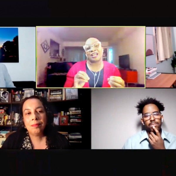 Five people talk on a Zoom webinar