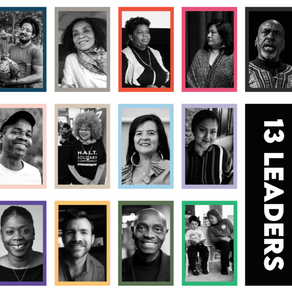 Black and white headshots of 13 individuals with the text "13 LEADERS"