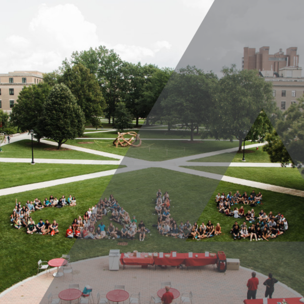 The Ag Quad with students sitting on it and spelling out CALS