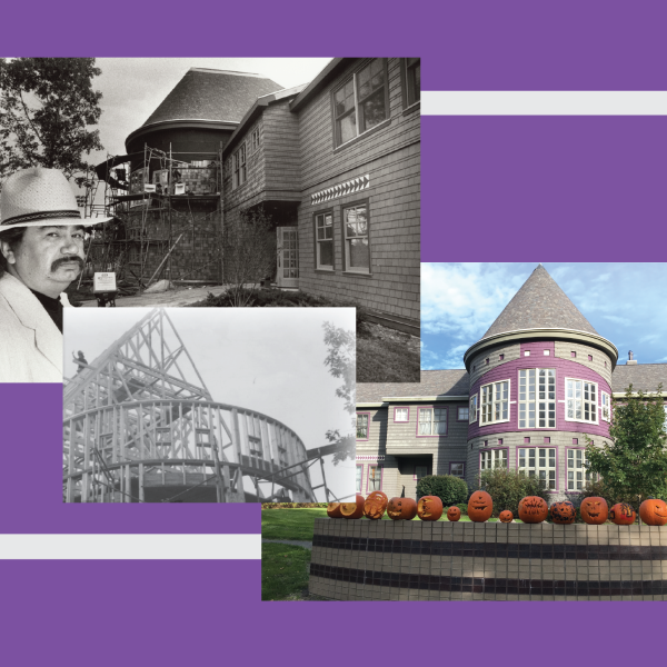 Graphic with old picture of the construction of a building and another picture with the same building finished.