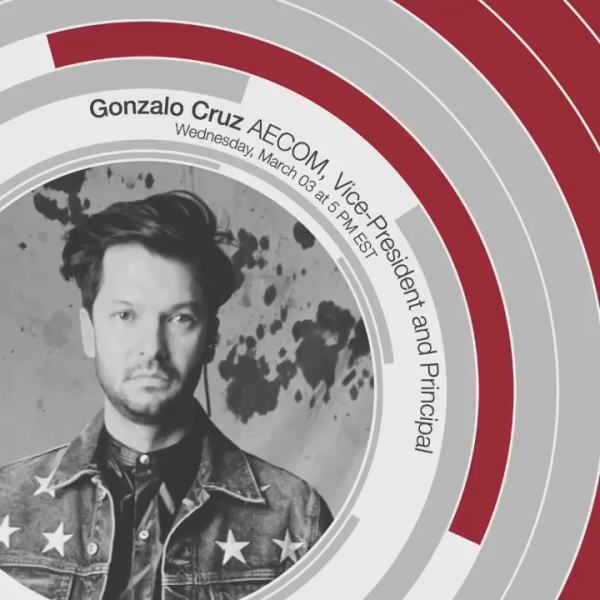 graphic of man in grayscale photo with red and gray arches hovering