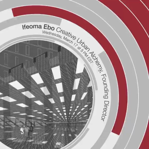 graphic of room in grayscale photo with red and gray arches hovering