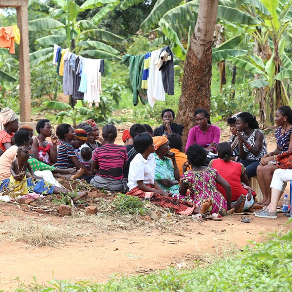 A group sits outside near a tree