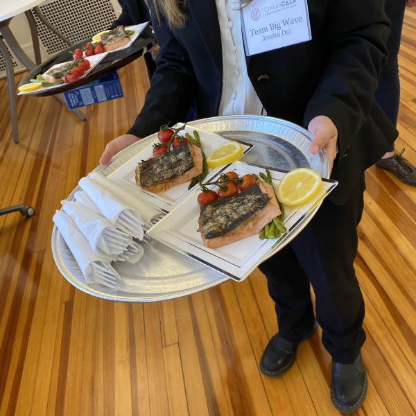 Hands hold tray of meat alternative called Salm'n.