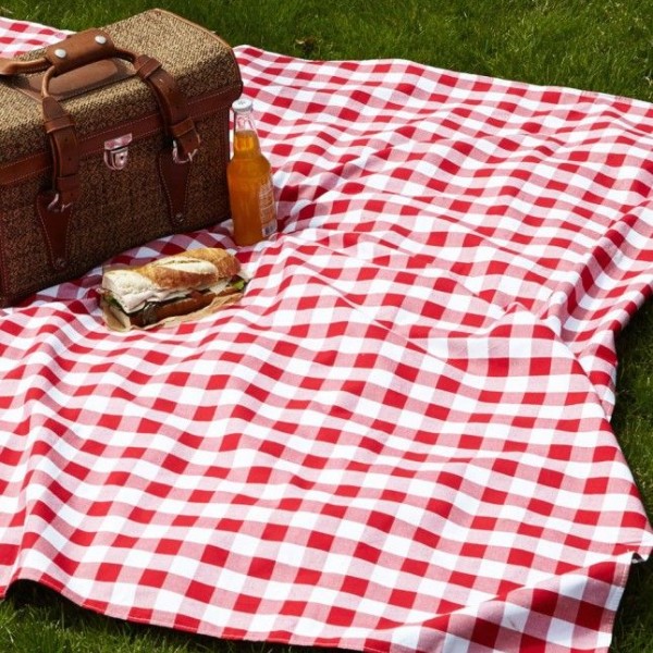 Photo of a wicker picnic basket and sandwich on a red and white checkered blanket.