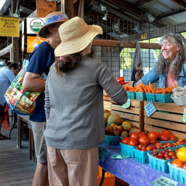Farmers market shoppers speak with a market vendor 