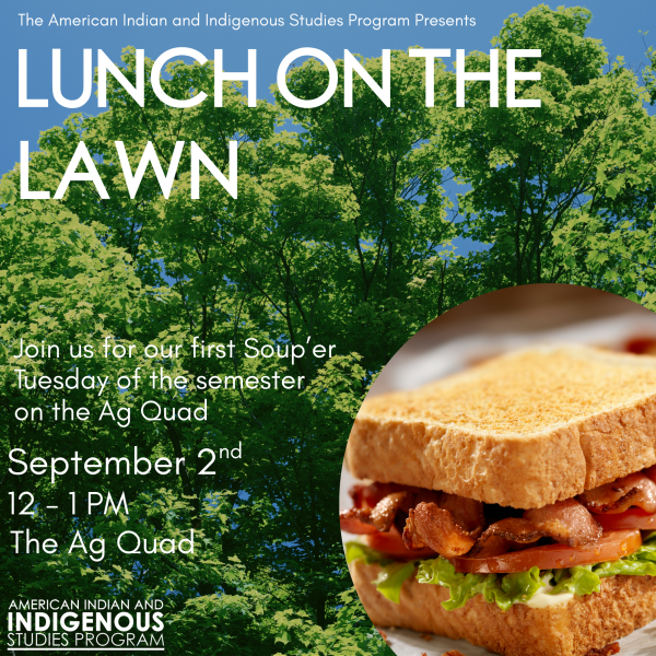 A poster with trees and a sandwich for Lunch on the Lawn.