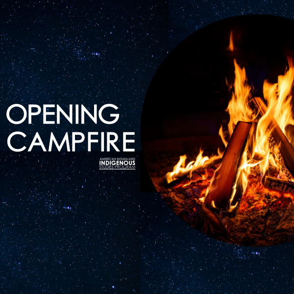 A flyer for the Opening Campfire with stars and a campfire.