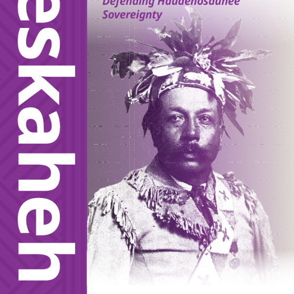A poster for the Deskaheh in Geneva 1923-2023 Exhibit, featuring a photo of Deskaheh and a purple background.