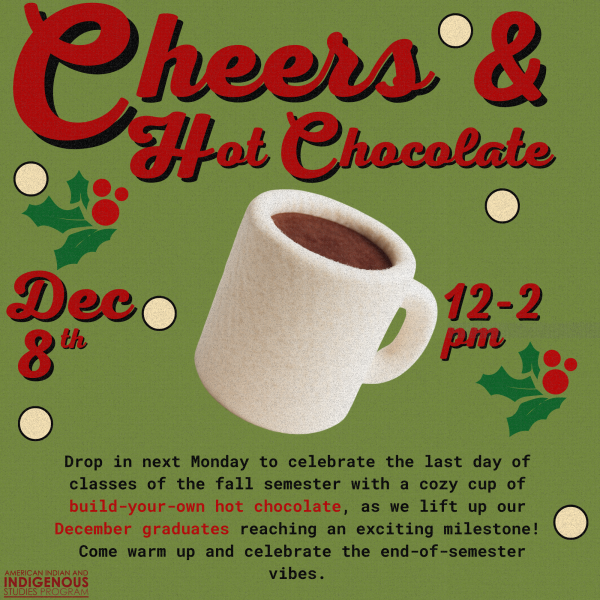 A green poster with a hot cocoa mug in the middle.