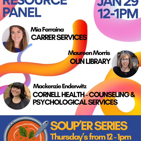 A poster featuring the photos of three panelists.