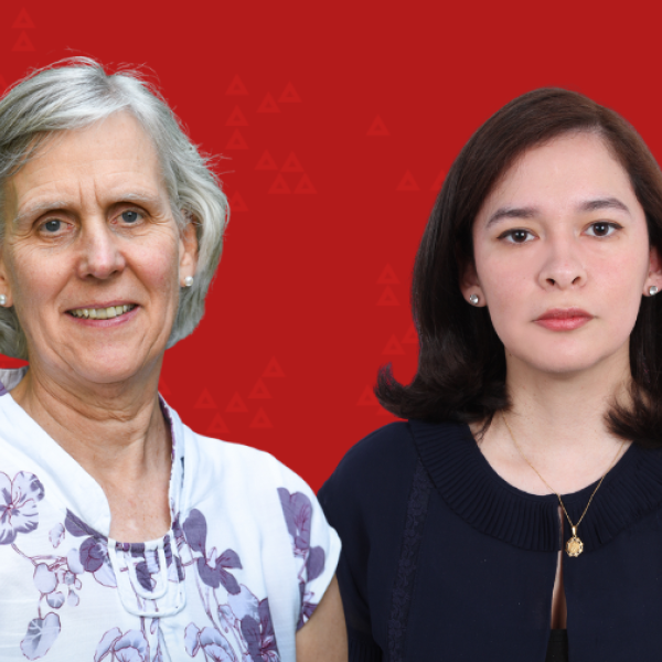 Two women shown side by side against a red background, facing the camera in professional portraits.