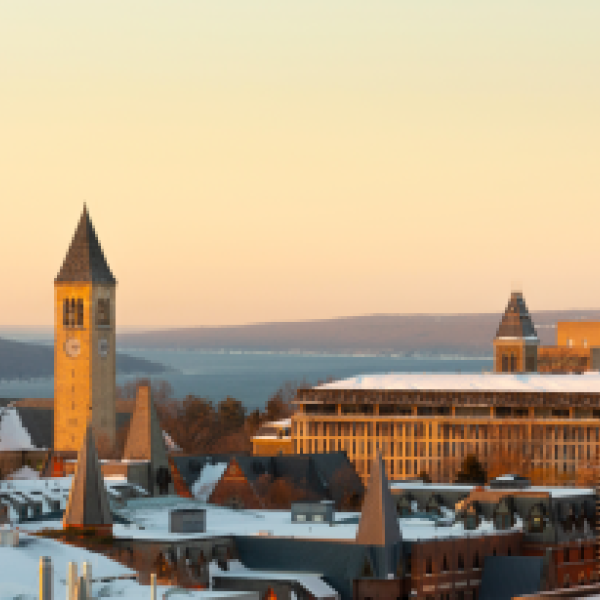 View of Cornell campus with sun peaking over the horizon