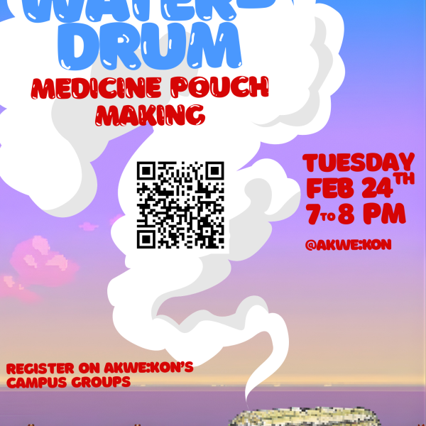 A poster for medicine pouch making featuring a long house in the sunset.