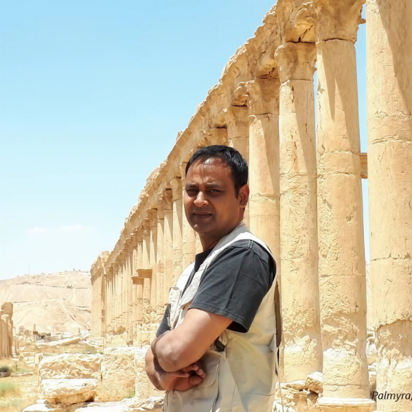 Man standing with arms crossed beside a row of ancient stone columns in a desert setting.