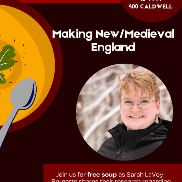 A red poster with soup.