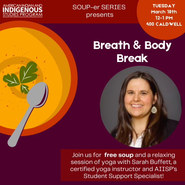 A red poster with soup.