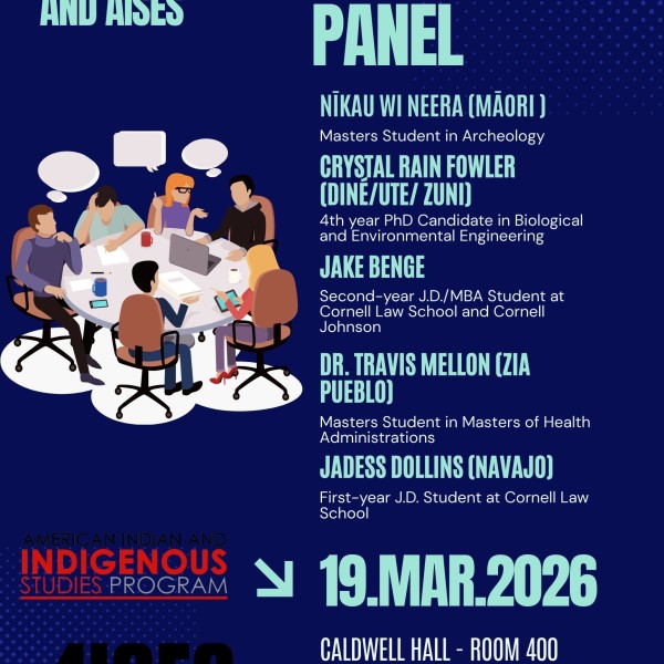 A blue poster with a discussion table.