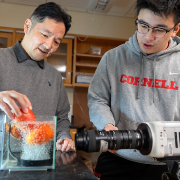 Sunny Jung (left) places a tomato in a prototype bubbler for cleaning produce while Yany Lin films the experiment with a camera.