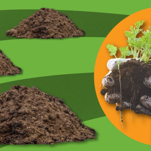 Illustration of three piles of manure with a photo of a gardener with soil in their hands