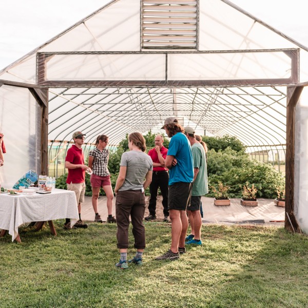 a group of people in front of a high tunnel with crops