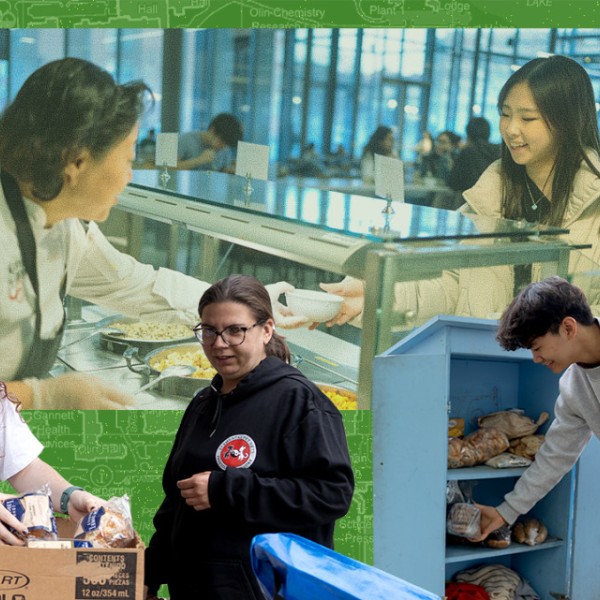 Illustration with students packing foods for a food pantry