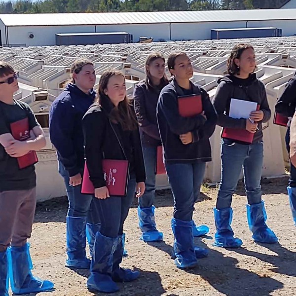students on a tour in front of calf hutches