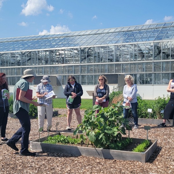 A person stands before a group, infront of a raised garden bed, with green houses in the background. 